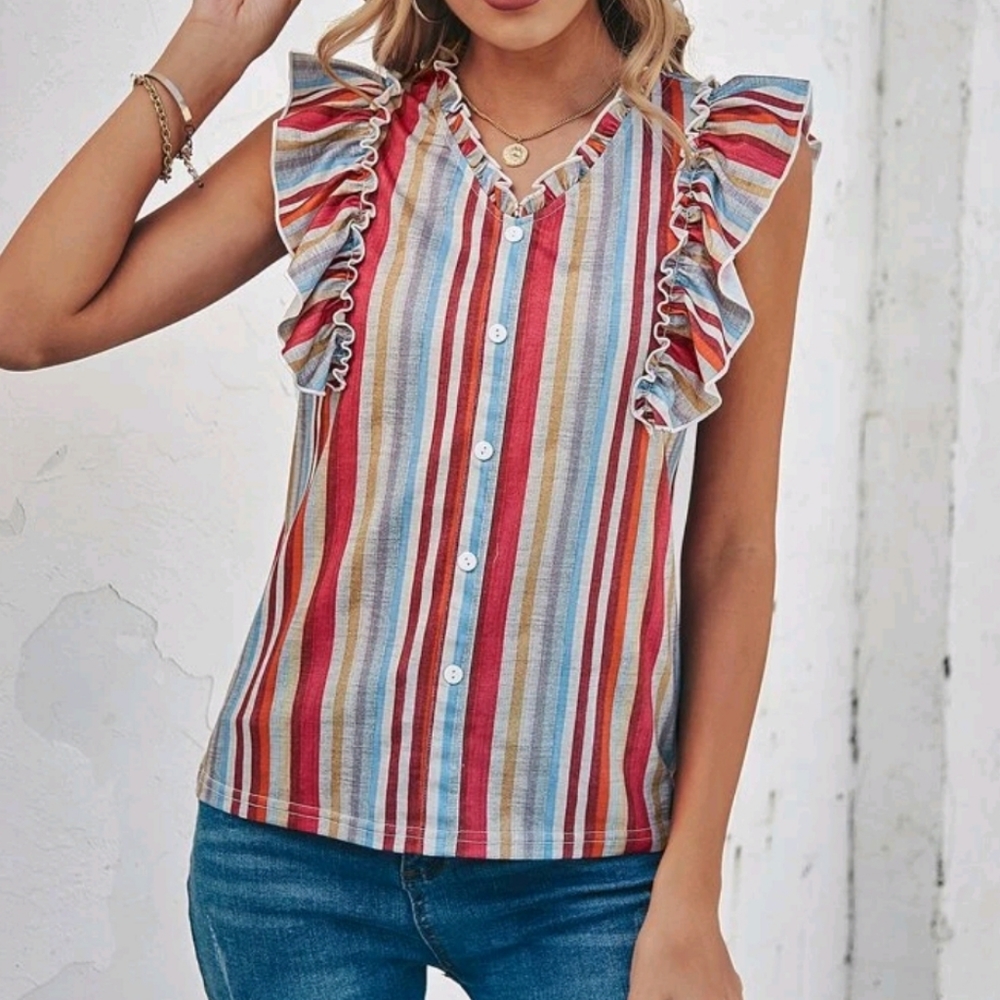 Striped ruffle trim top